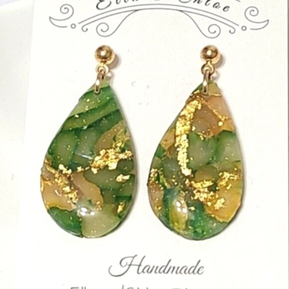 Handcrafted Chunky Green Gold Ball Teardrop Gemstone Agate Drop Dangle Earrings - Picture 1 of 6